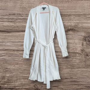 H Halston White Long Duster Belted Cardigan Sweater Sz XL Front Gold Zip Detail